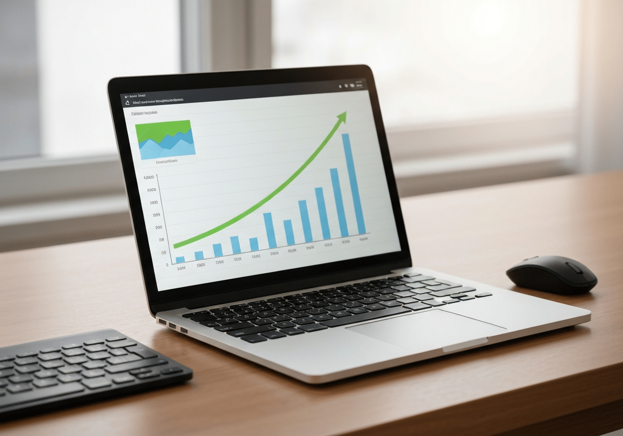 Ordinateur portable sur bureau avec graphiques de progression numérique en lumière naturelle