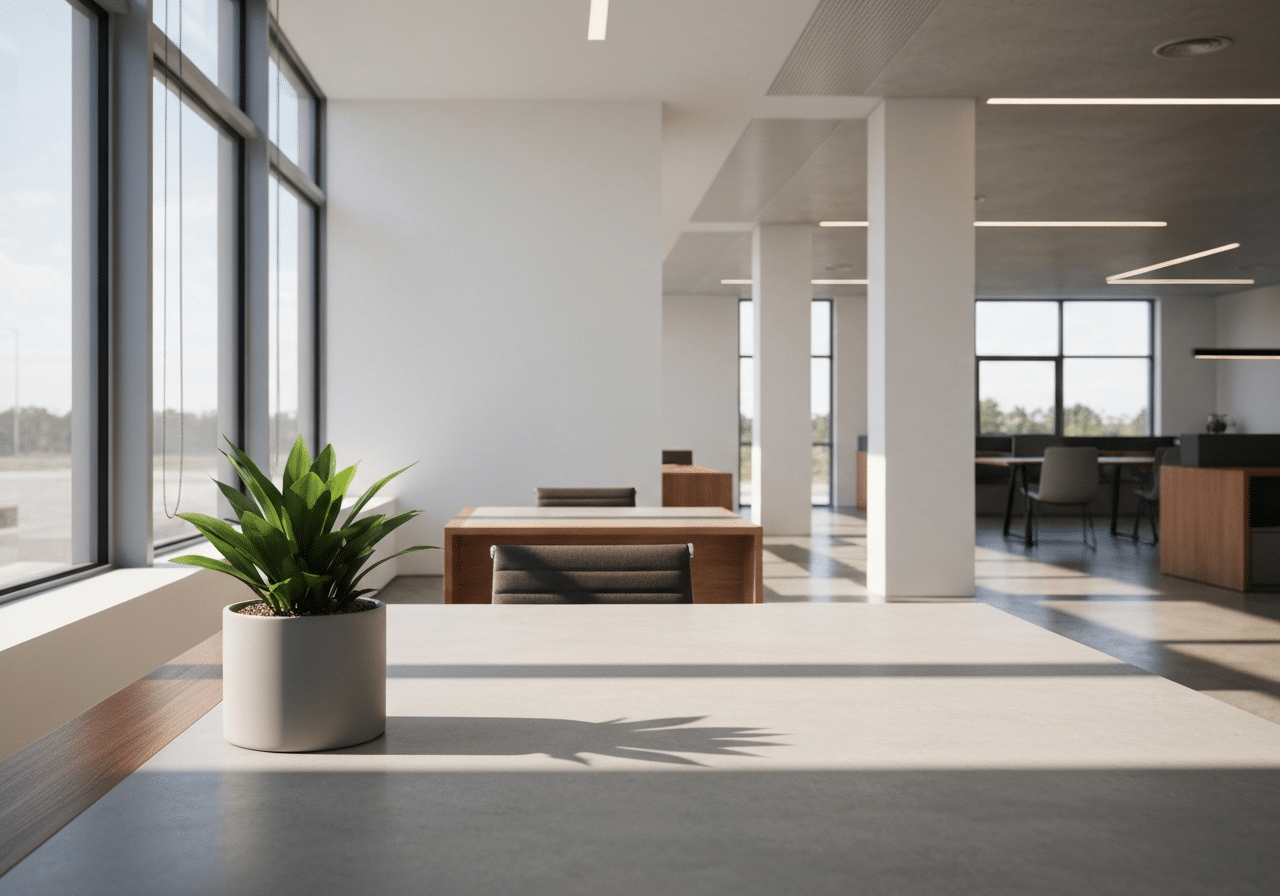 Espace de travail lumineux et épuré baigné de lumière naturelle, bureau design avec plante verte et surfaces minérales claires.