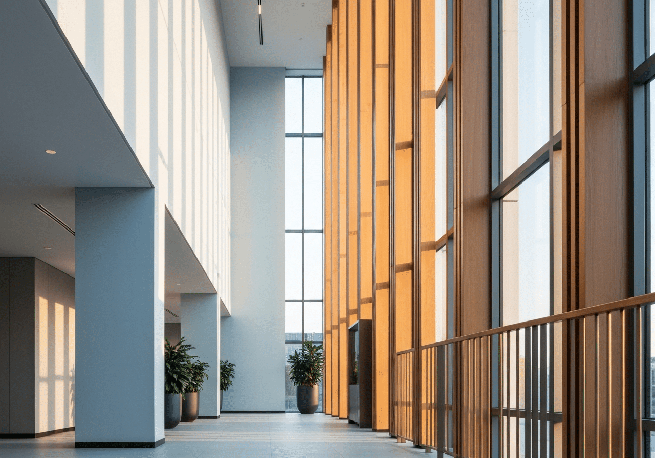 Intérieur moderne lumineux avec lignes ascendantes, architecture épurée et lumière naturelle crée une ambiance de croissance.