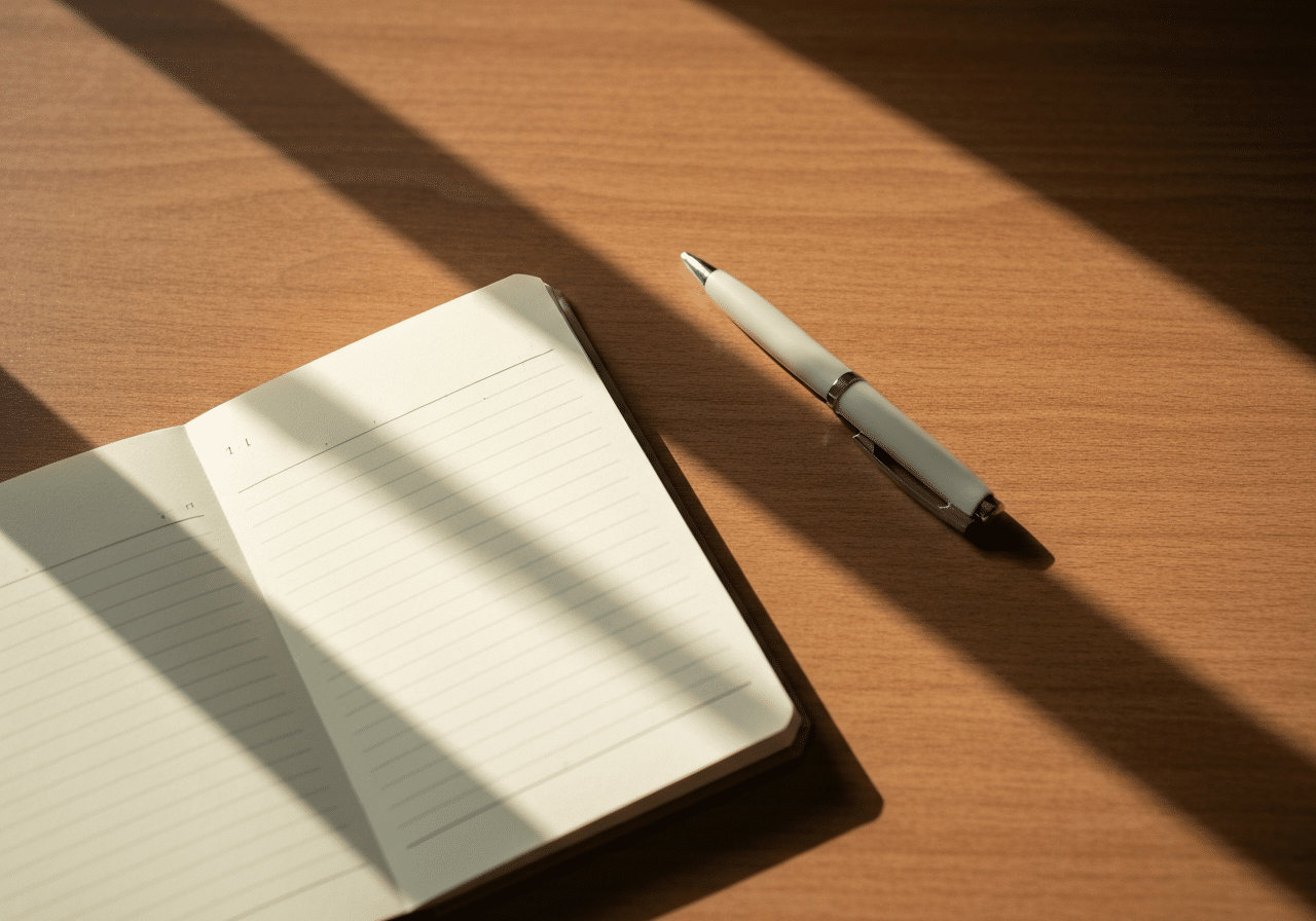 Carnet vierge et stylo sur bureau en bois, lumière naturelle chaleureuse, espace de travail épuré