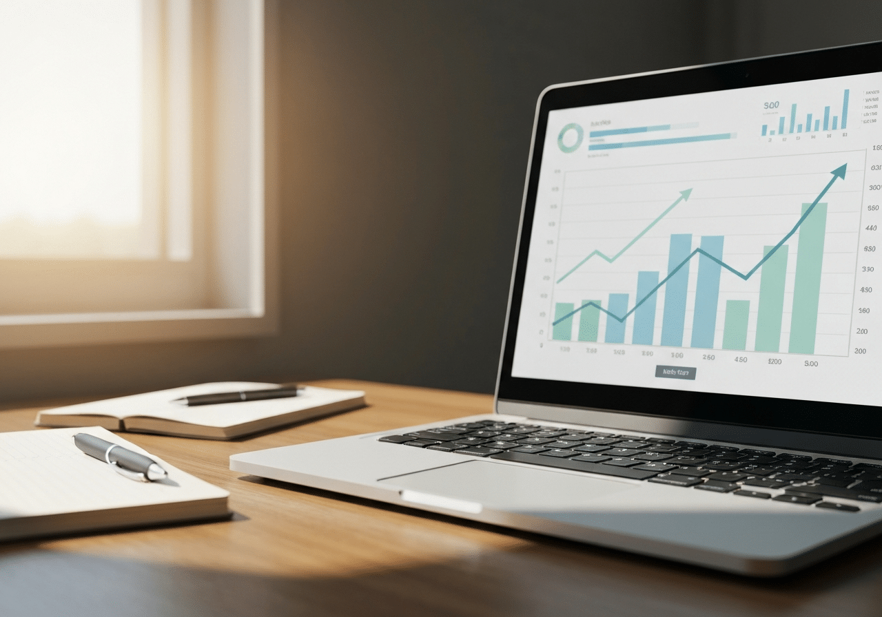 Écran d'ordinateur affichant des courbes de trafic et métriques SEO en hausse, espace de travail professionnel bien éclairé.