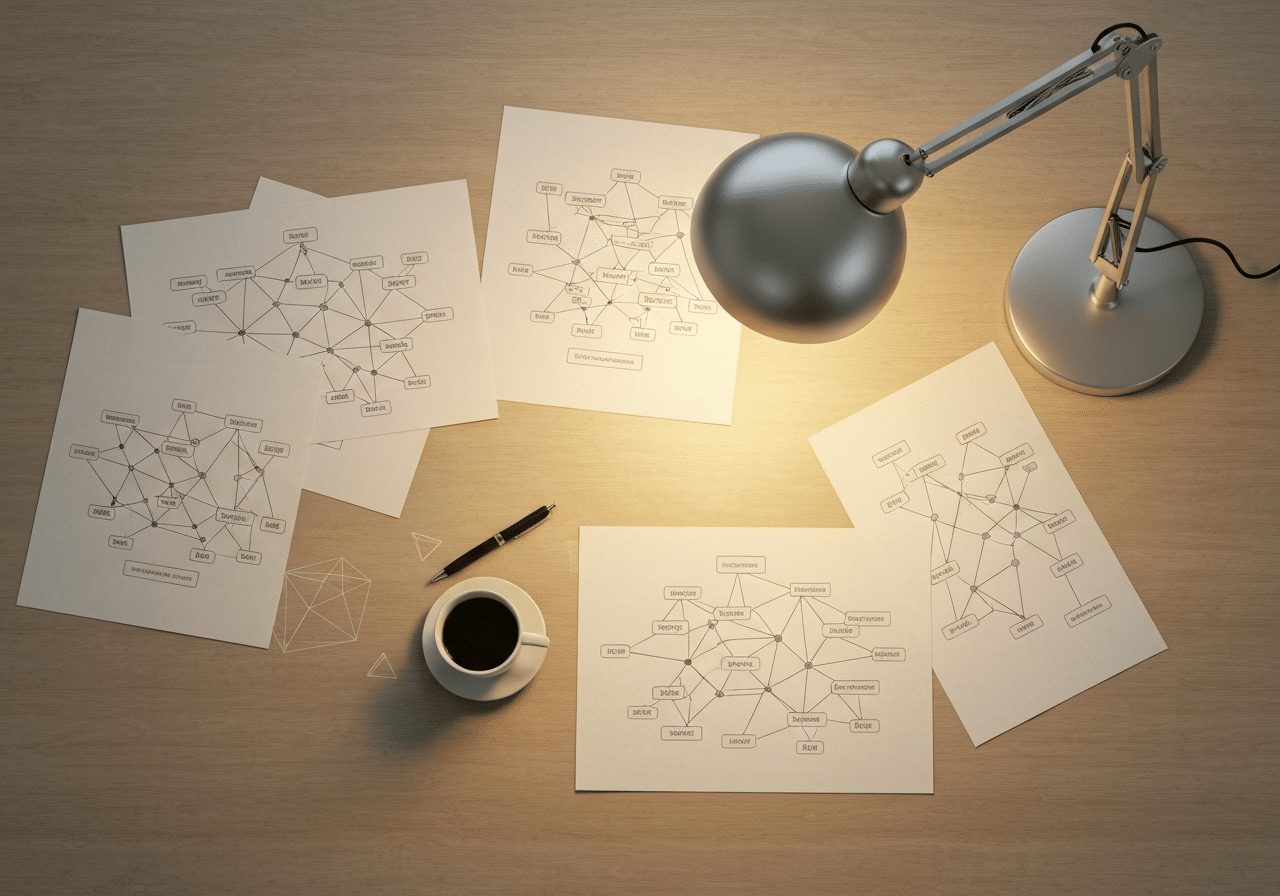 Vue de dessus d'un plan de maillage interne et stratégie de contenu connecté, espace de travail organisé et bien éclairé.