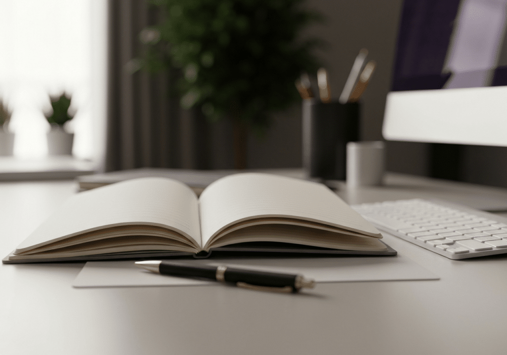 Espace de travail épuré avec carnet ouvert et clavier, ambiance professionnelle éclairée pour la stratégie de contenu