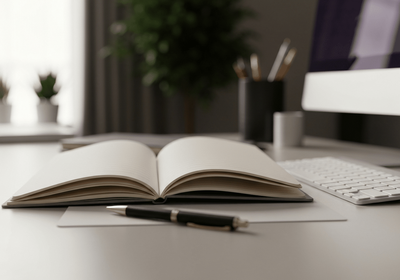 Espace de travail épuré avec carnet ouvert et clavier, ambiance professionnelle éclairée pour la stratégie de contenu