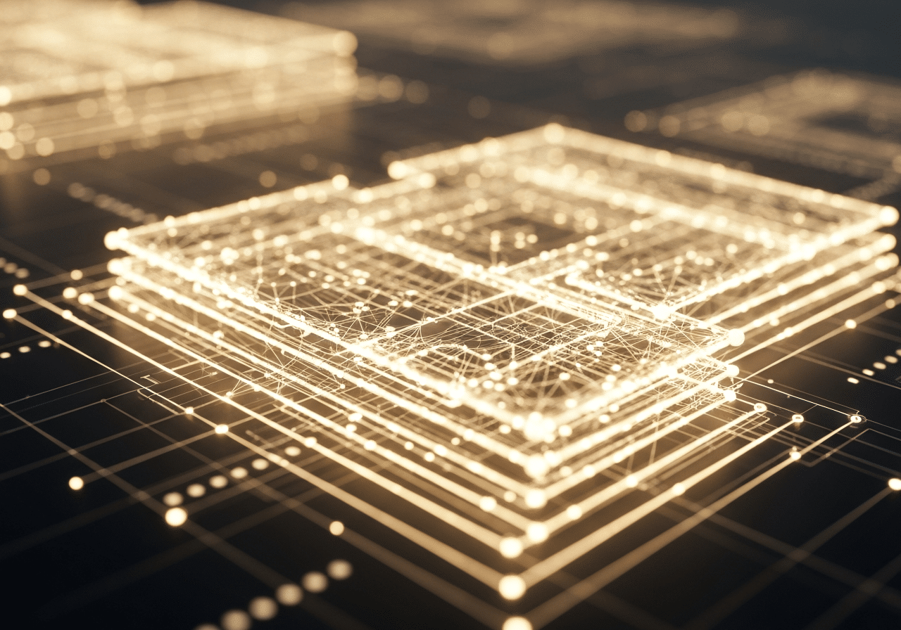 Visualisation de connexions en réseau avec chemins lumineux entrecroisés, représentant une architecture de contenu optimisée