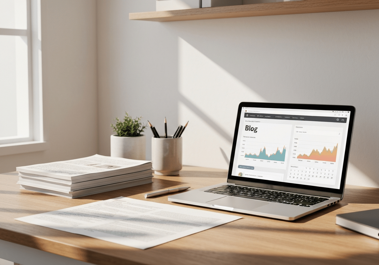 Espace de travail professionnel lumineux avec laptop, analytics et documents de recherche