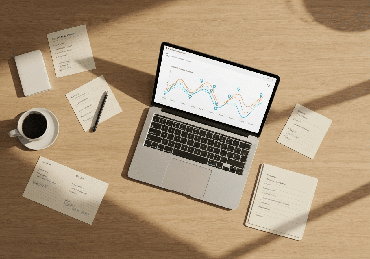 Espace de travail moderne avec laptop affichant une interface de recherche IA et notes structurées, éclairage chaleureux