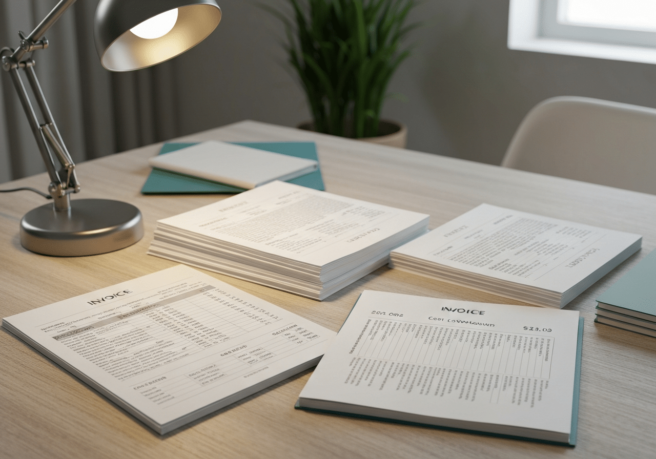 Factures et documents de coûts alignés sur un bureau professionnel, montrant une comparaison tarifaire claire avec éclairage chaleureux.