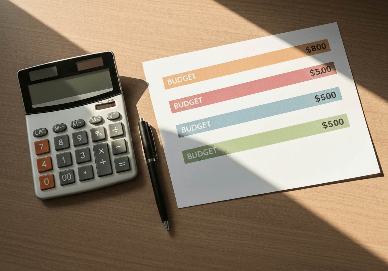 Calcul de budget et comparaison tarifaire sur un plan de travail professionnel avec une lumière naturelle chaleureuse.