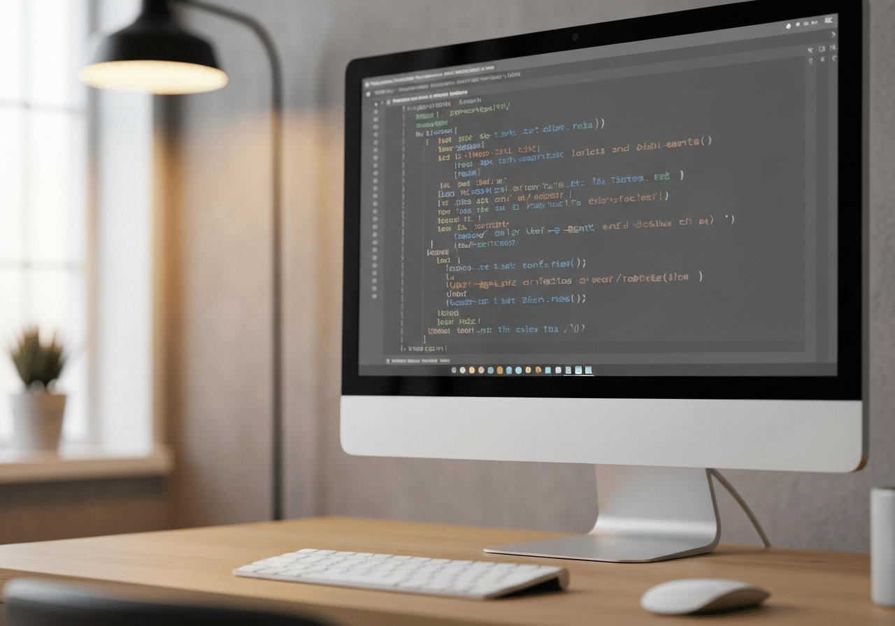 Écran d'ordinateur affichant un fichier robots.txt en éditeur de texte, avec directives User-agent et règles Disallow visibles sous une lumière chaude.