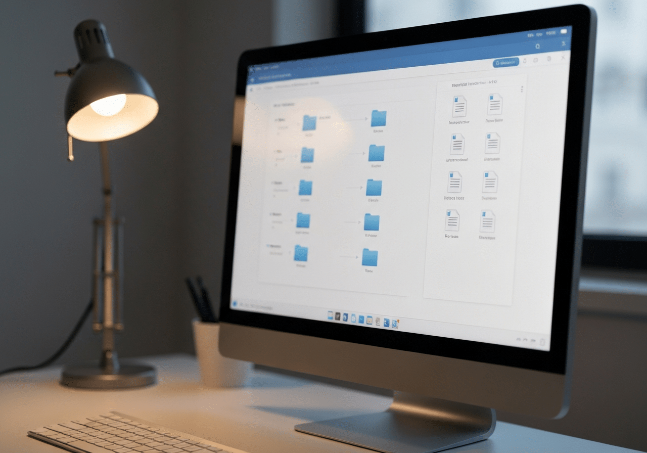 Interface numérique affichant une structure de fichiers hiérarchisés sur écran moderne, éclairage professionnel.