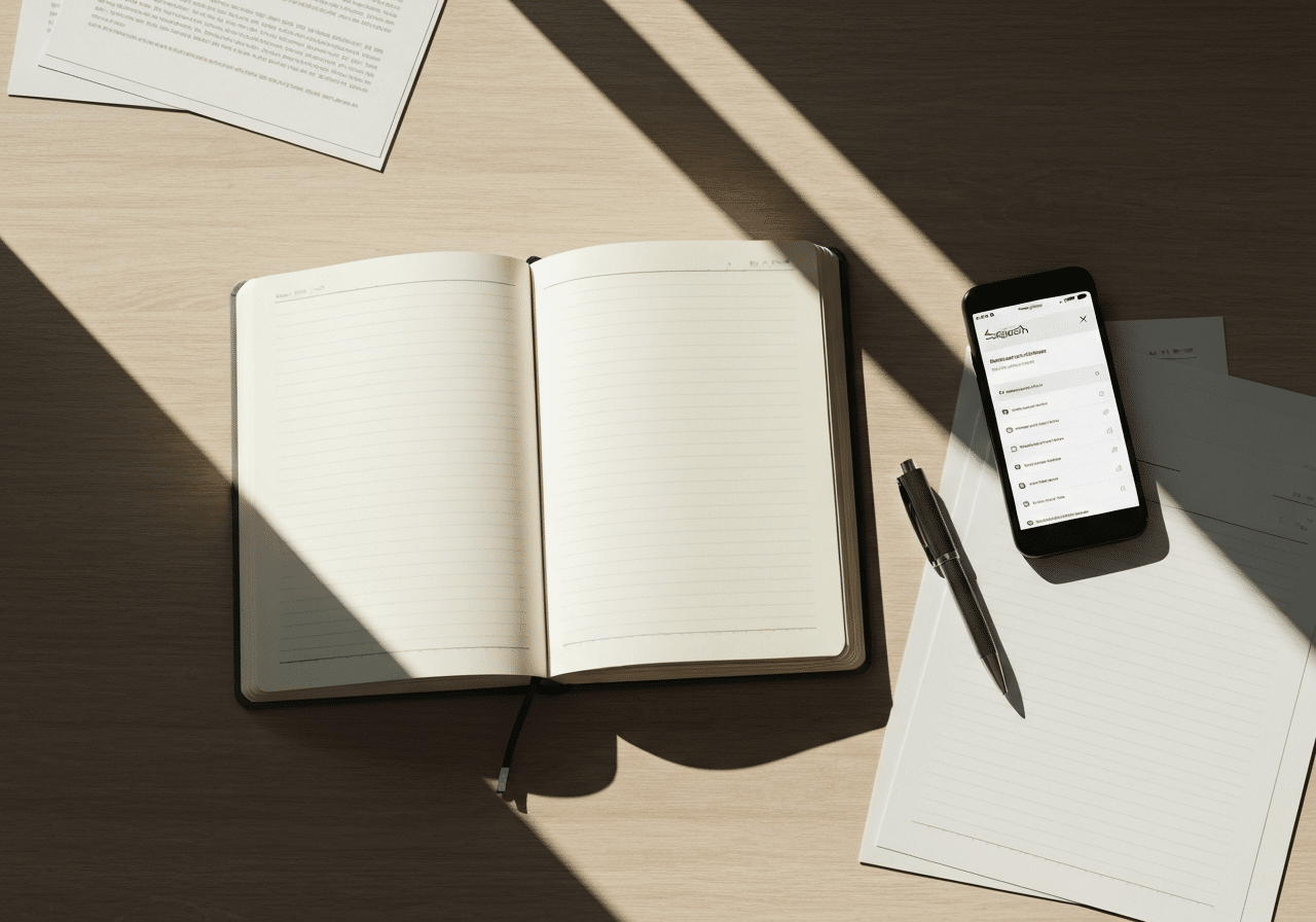Espace de travail avec bloc-notes, stylo et smartphone affichant une page de résultats de recherche, lumière naturelle chaleureuse.