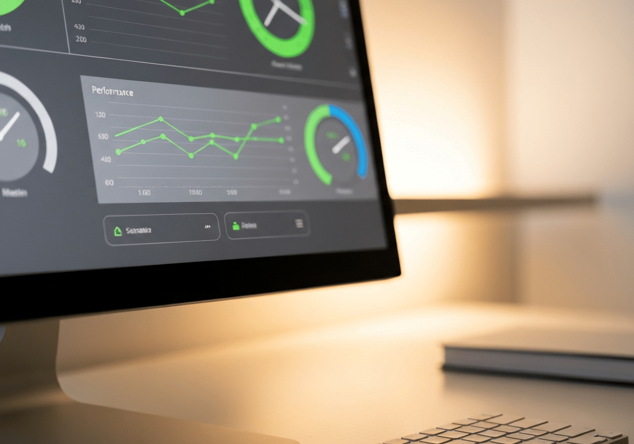 Interface de métriques de performance avec graphiques fluides et indicateurs verts sur écran moderne