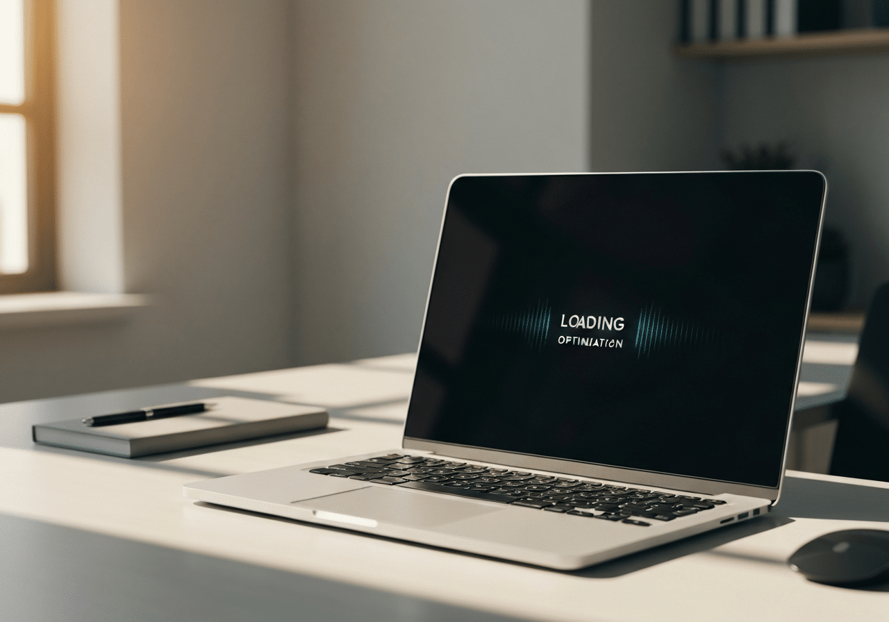 Espace de travail moderne avec laptop montrant une visualisation d'optimisation sous lumière naturelle