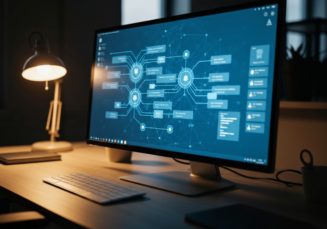 Network visualization on monitor displaying domain authority pathways and content interconnections in tech workspace