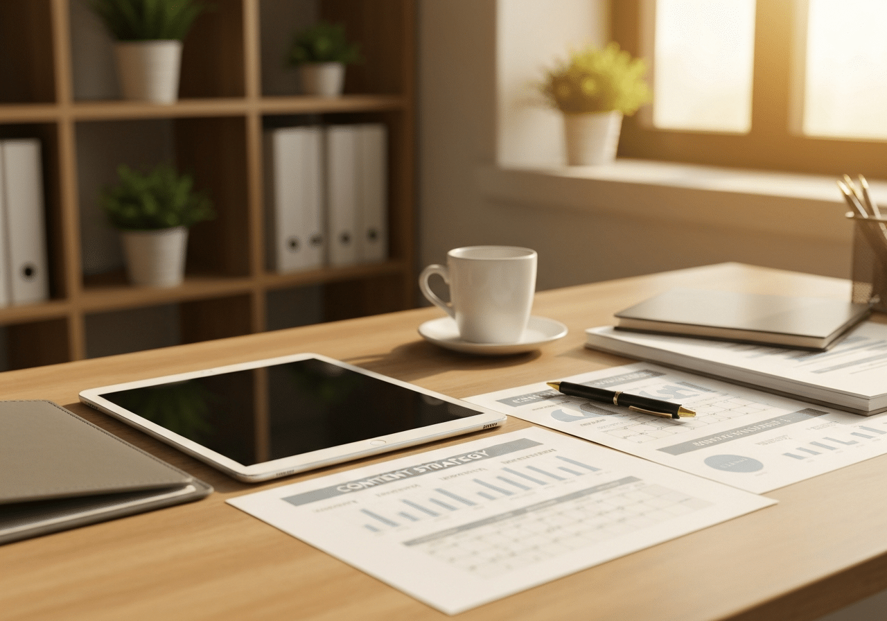 Plan de travail professionnel avec tablette et documents de stratégie de contenu exposés à la lumière naturelle.