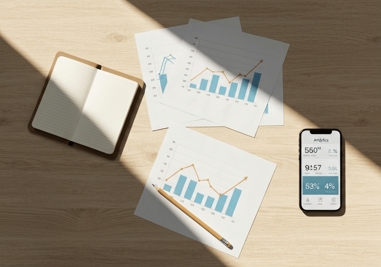 Espace de travail avec matériaux de recherche, graphiques de tendance et analyses de données en lumière naturelle chaleureuse