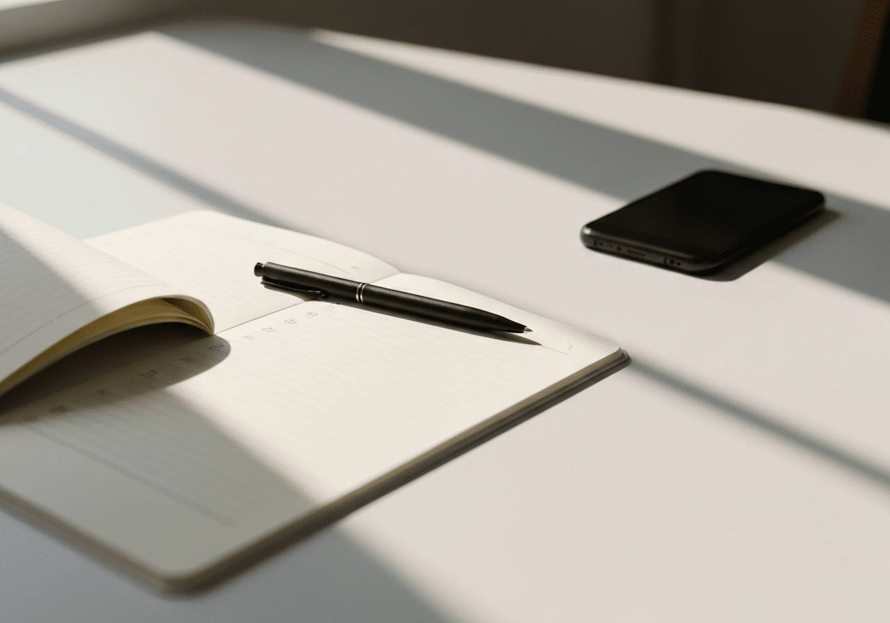 Espace de travail minimaliste avec bloc-notes, stylo et smartphone pour planifier une stratégie de contenu qualité