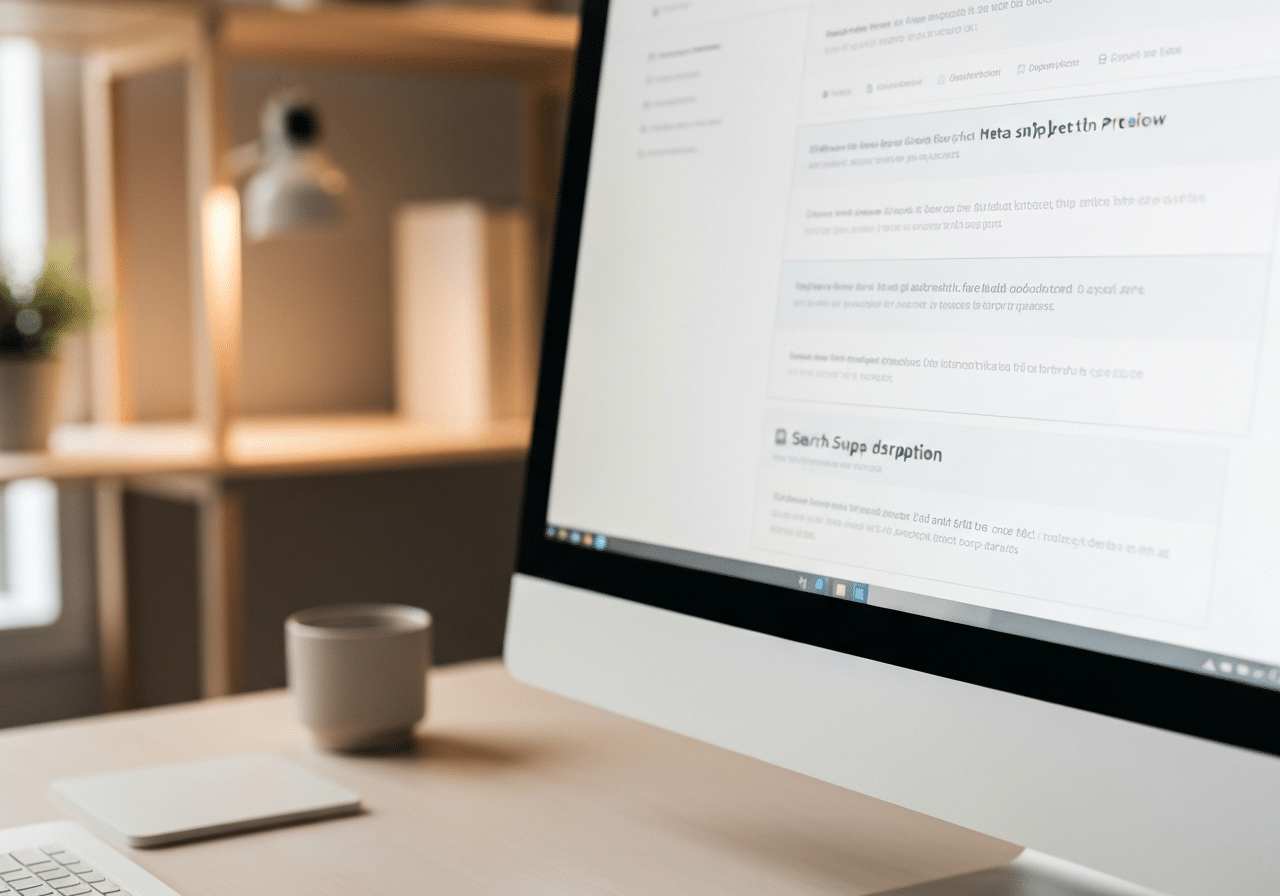 Résultats de recherche Google affichant des snippets et meta descriptions sur un écran d'ordinateur bien éclairé