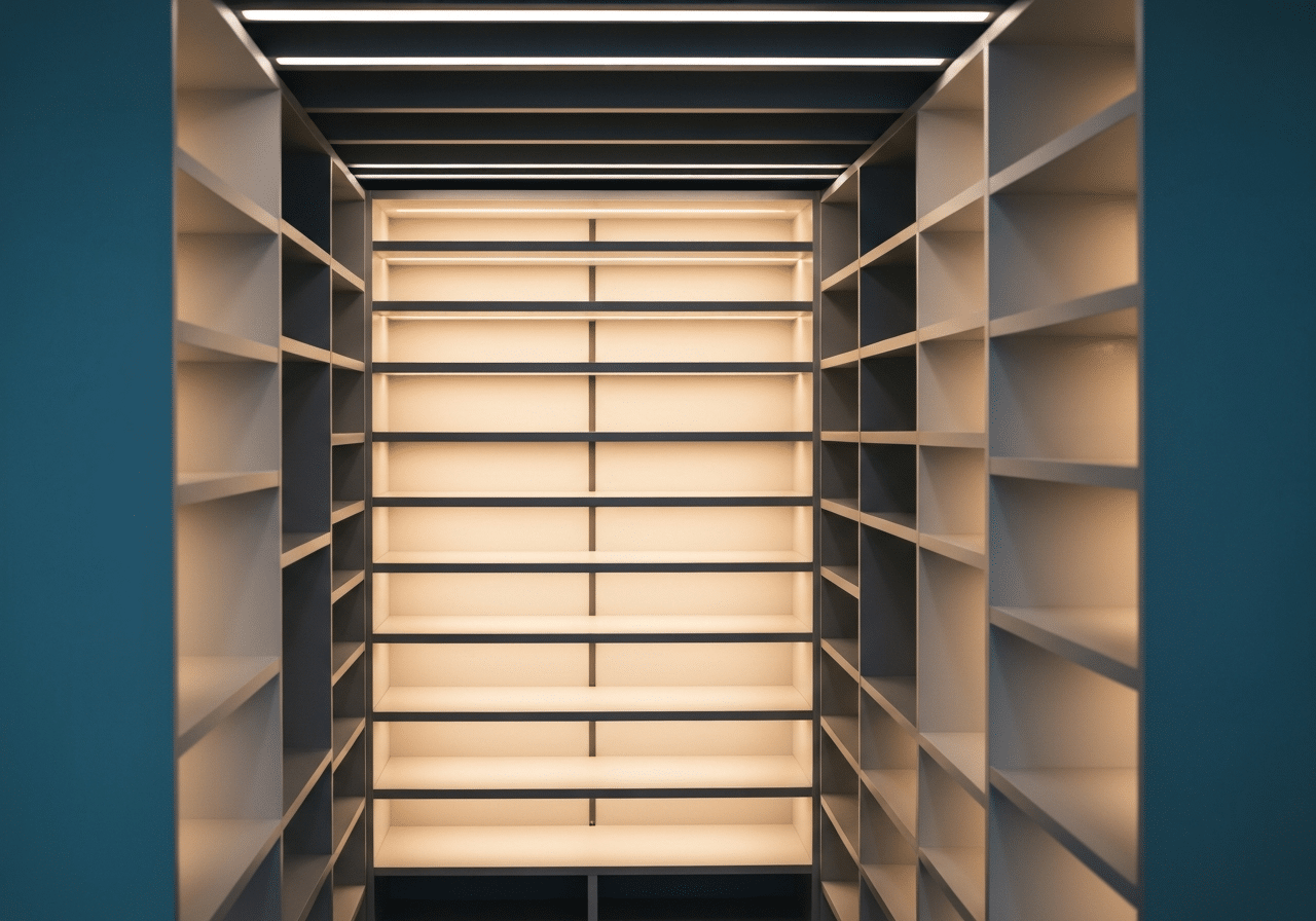 Espace d'archivage de contenu moderne avec étagères ordonnées et lumière chaleureuse, ambiance calme et structurée