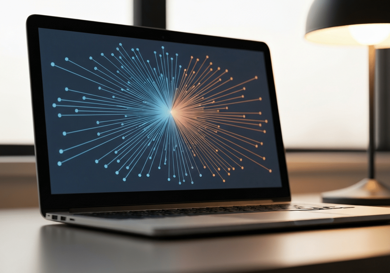 Tableau de bord analytique avec des lignes de données se divisant, symbolisant la personnalisation par IA