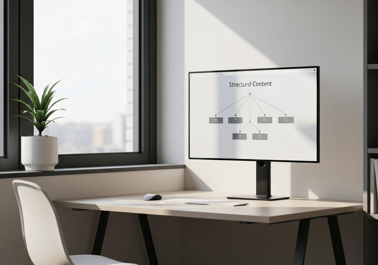 Coin de bureau moderne avec écran affichant un schéma de structure de contenu et maillage interne