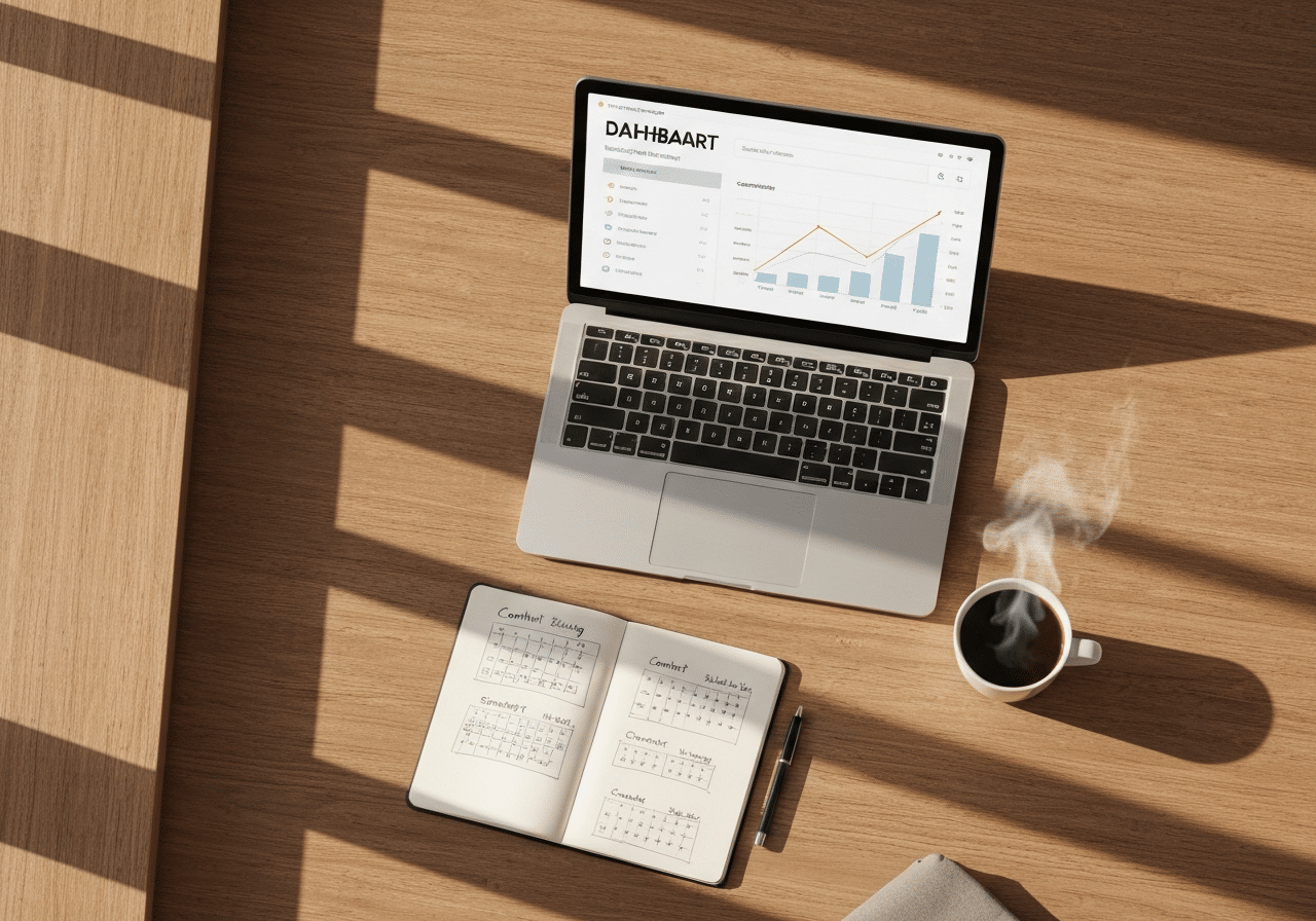 Plan de travail éclairé montrant laptop avec courbes de suivi, carnet de planification et café chaud