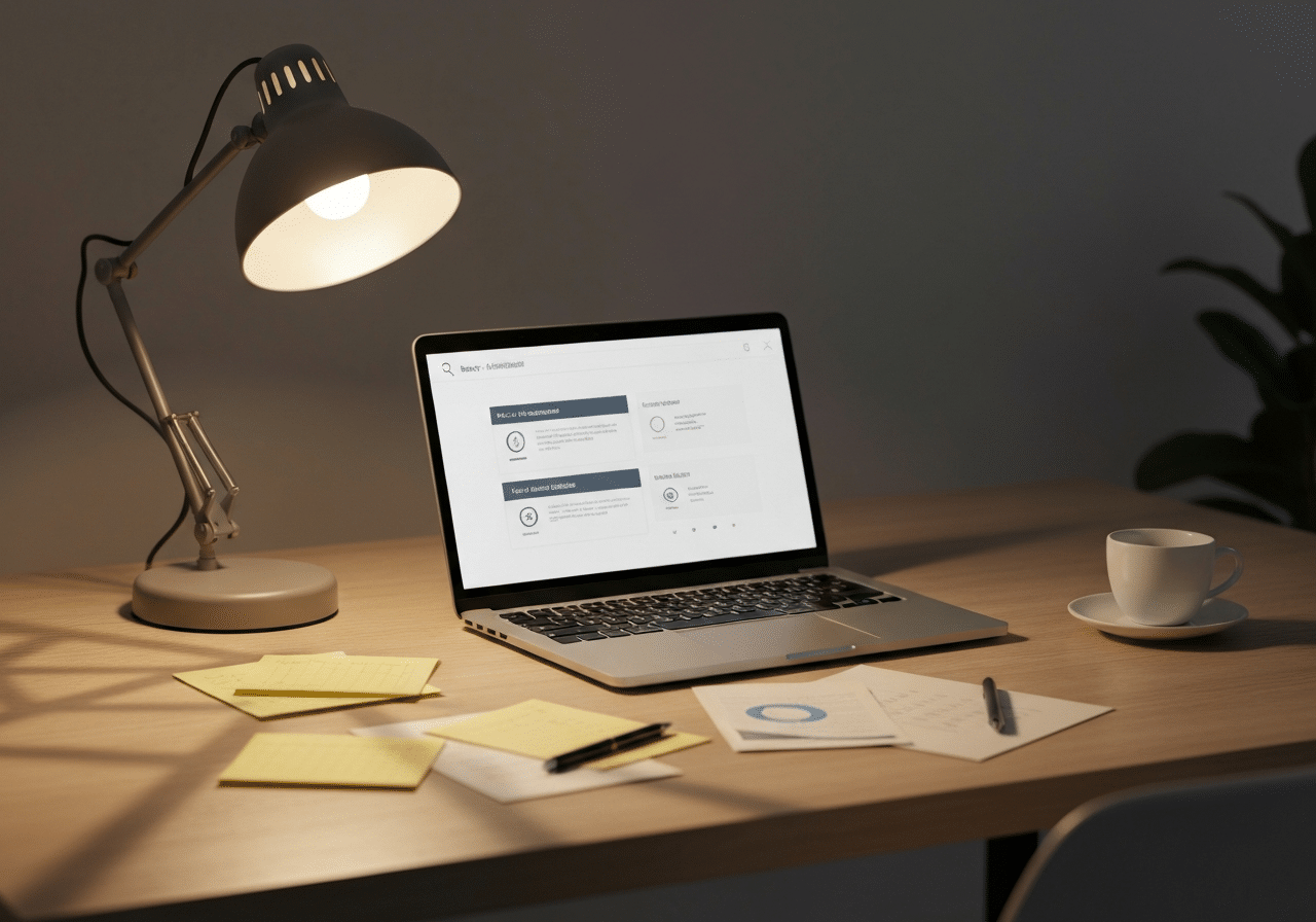 Poste de travail moderne avec laptop affichant une interface de moteur de recherche et résultats IA, lumière chaleureuse