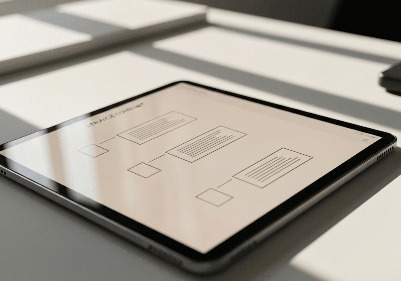 Tablette affichant une structure de contenu hiérarchisée avec relations sémantiques clairement visibles