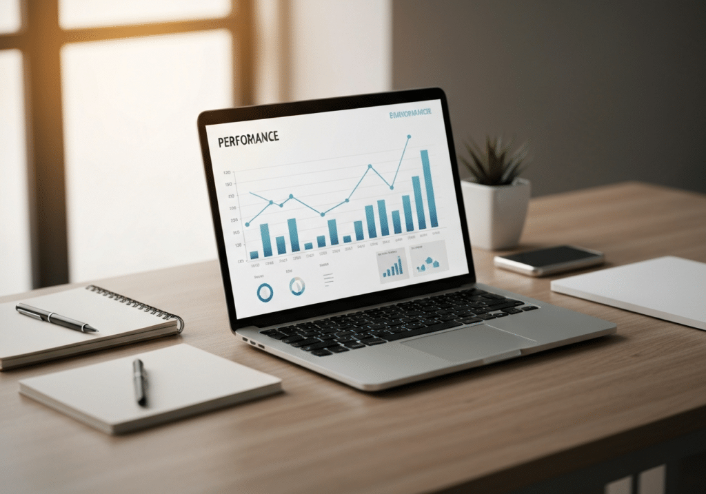 Ordinateur affichant courbes de performance et indicateurs KPI dans un environnement de travail professionnel lumineux
