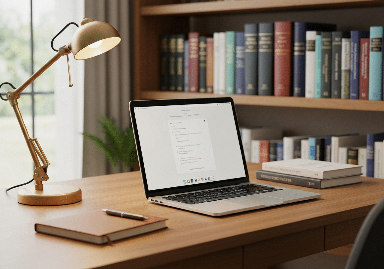 Workspace professionnel bien éclairé avec laptop, carnet et livres spécialisés en droit, finance et santé