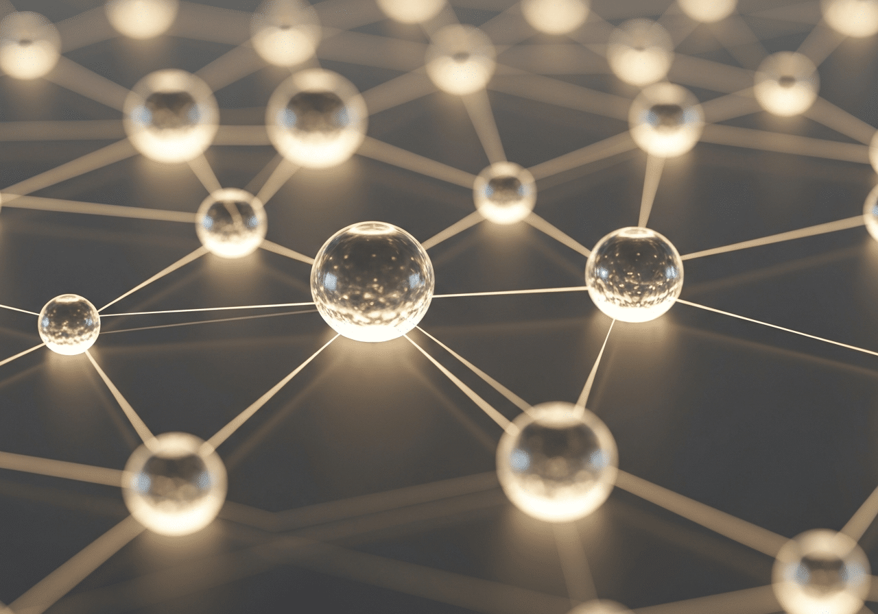 Nœuds interconnectés formant un graphe sémantique avec connexions lumineuses