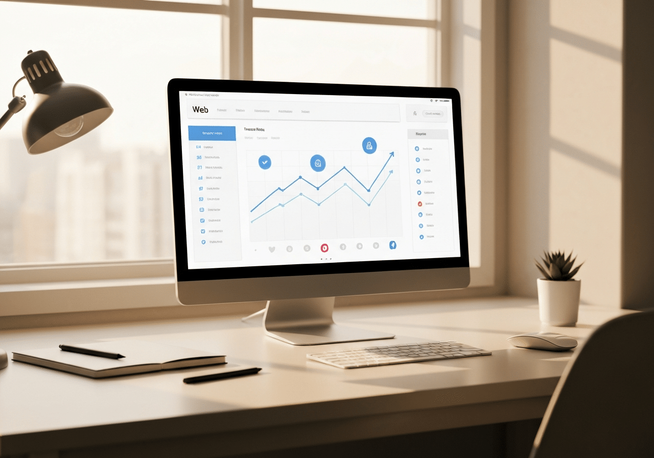 Analytics dashboard with trending metrics and social integration on a bright, professional workspace