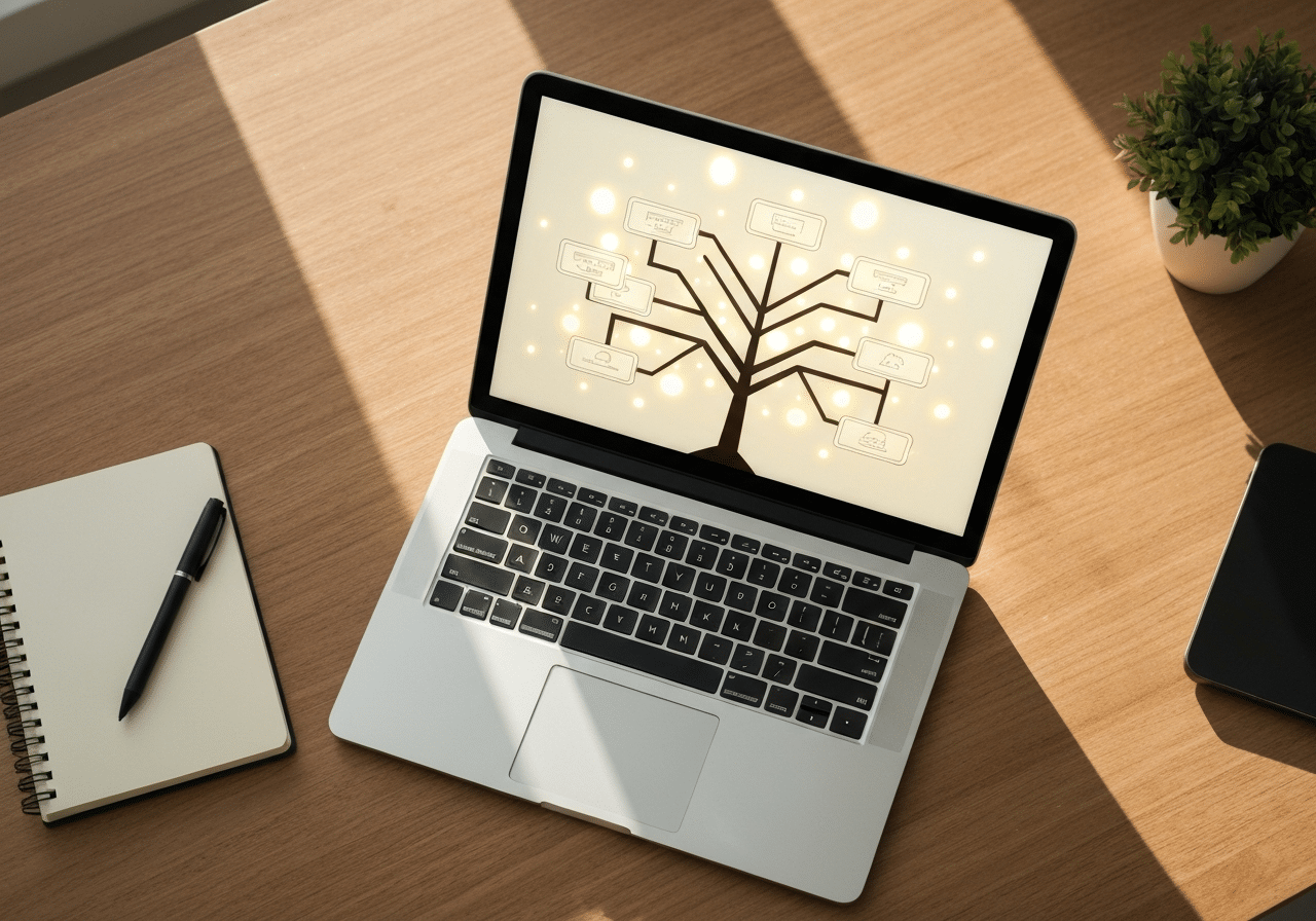 Diagramme hiérarchique de nœuds interconnectés se ramifiant sur écran d'ordinateur portable en lumière naturelle