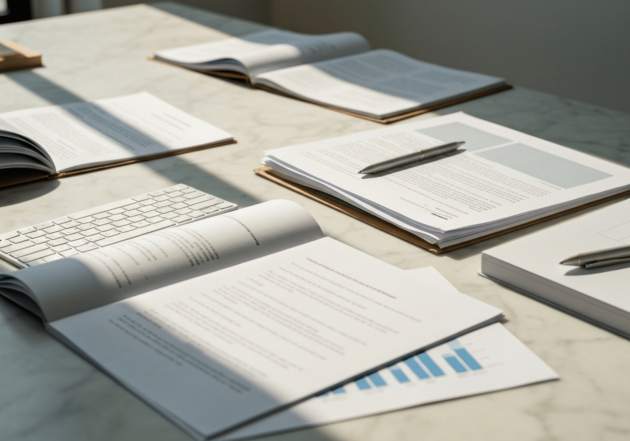 Documents de recherche organisés sur bureau en lumière naturelle, évoquant la stratégie de contenu multi-couches