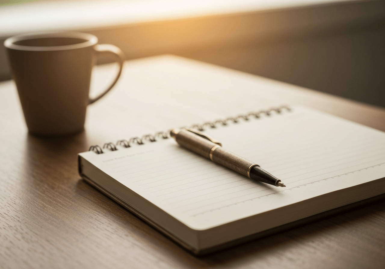 Espace de travail épuré avec carnet et café dans une lumière naturelle chaleureuse