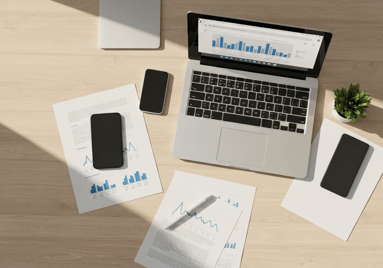 Espace de travail moderne montrant ordinateur portable, smartphone et documents pour surveiller les citations de marque