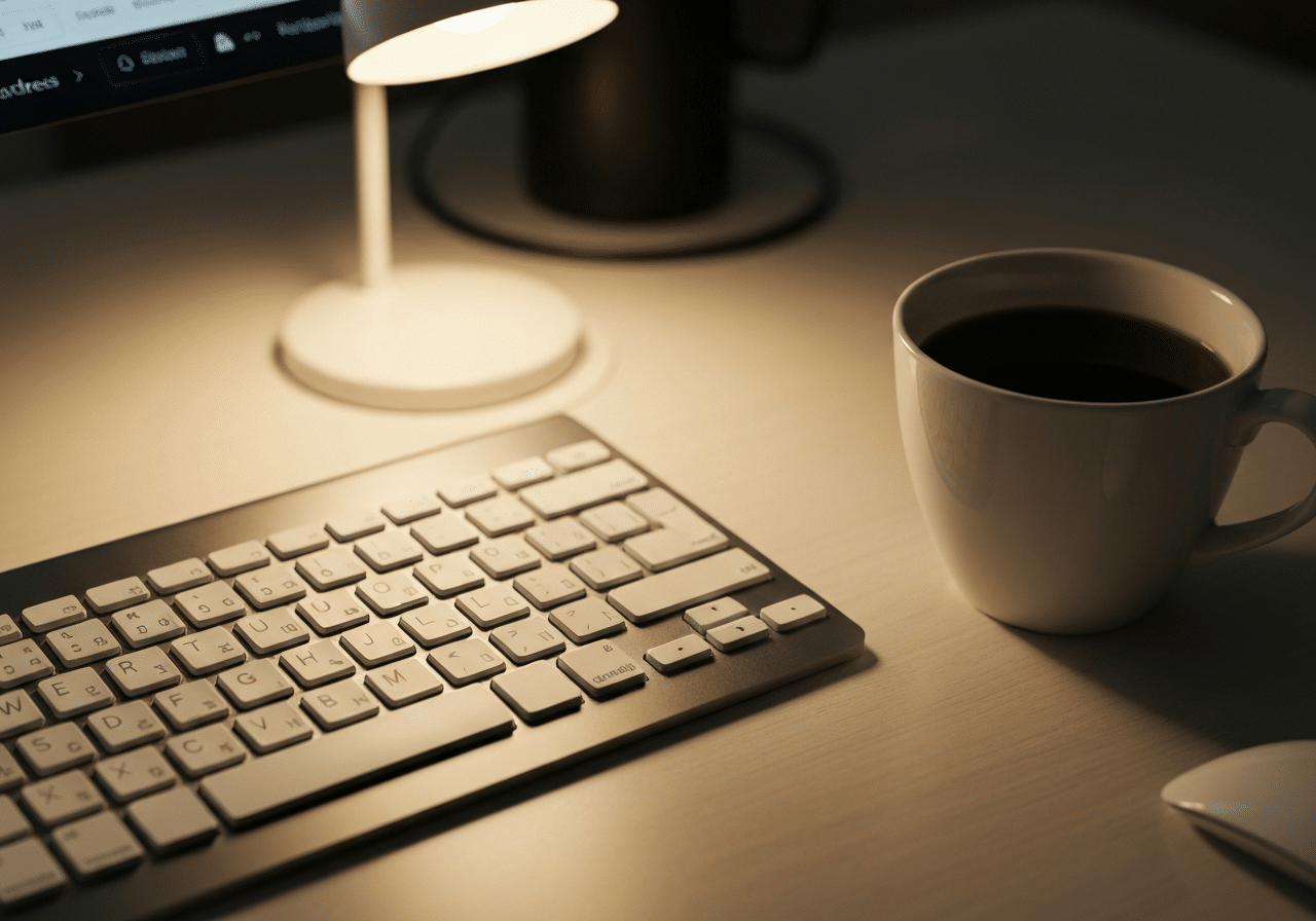 Espace WordPress administration avec tasse café, clavier et lumière naturelle chaleureuse
