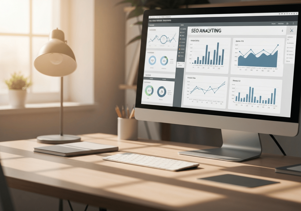 Écran affichant des tableaux de bord analytiques SEO avec graphiques de trafic et métriques de performance.