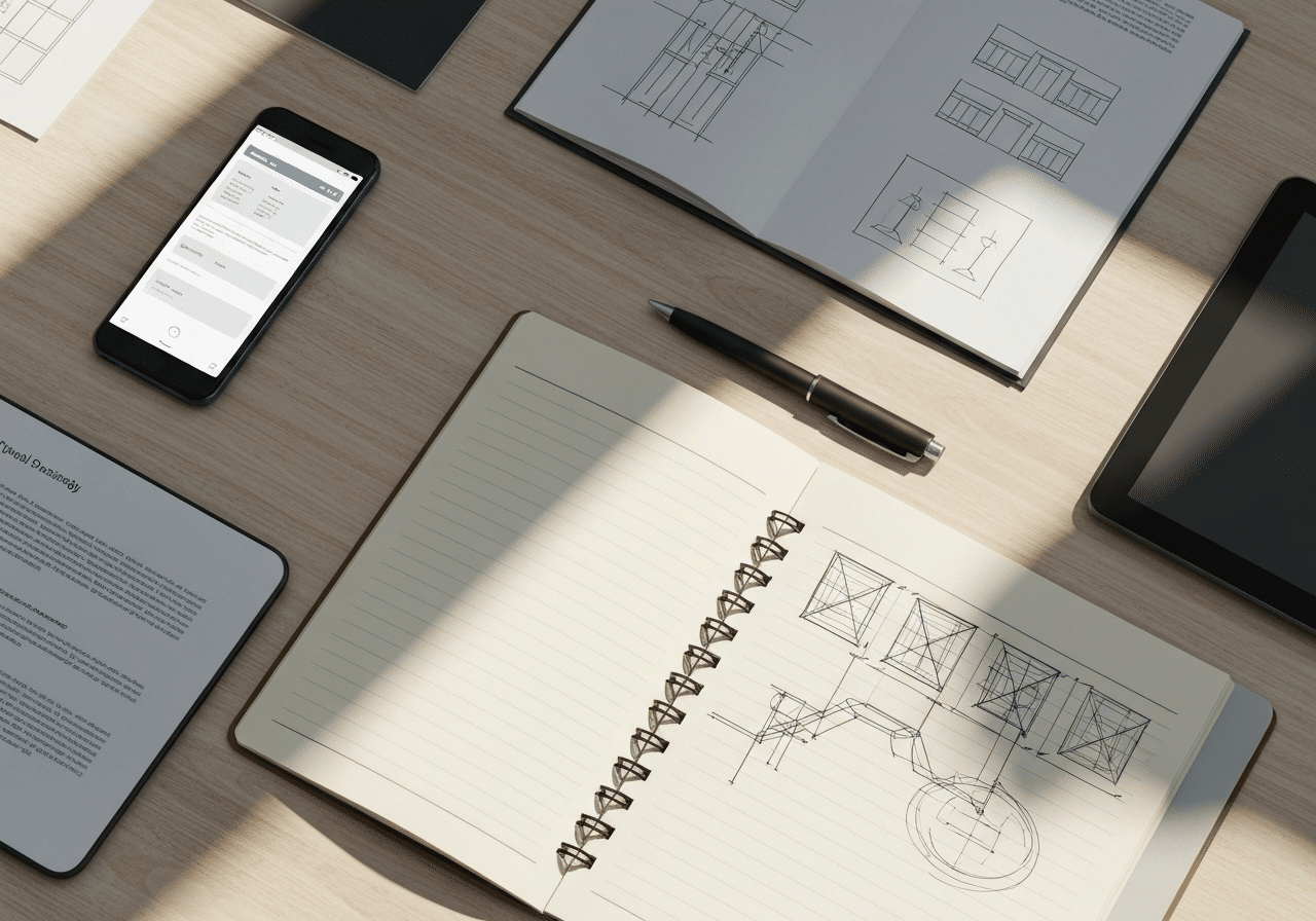 Composition de préparation digitale : smartphone, tablette, notes de stratégie et outils de planification SEO sur bureau.