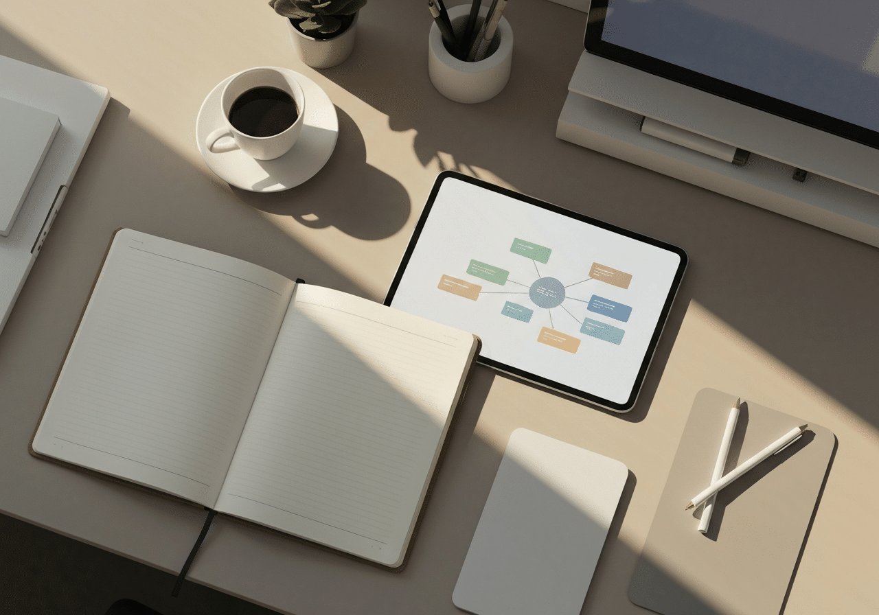 Vue de dessus d'un espace de travail affichant un diagramme de flux de contenu et applications intégrées, lumière naturelle douce