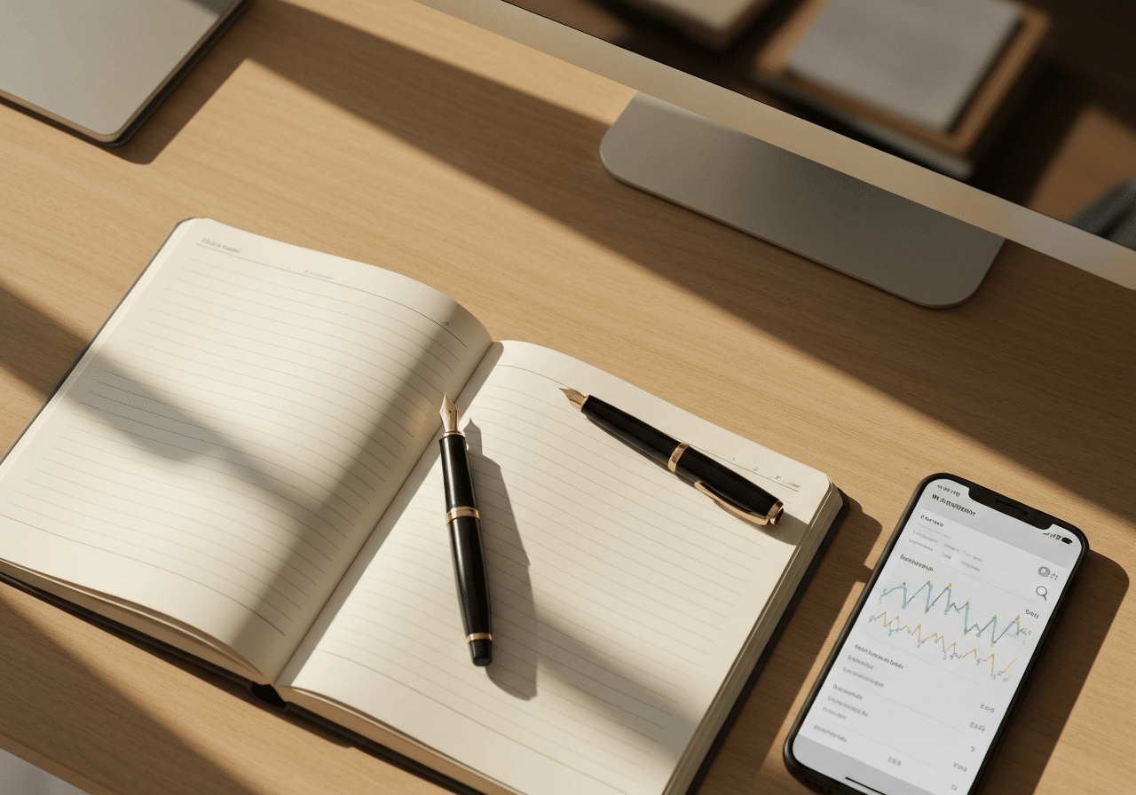 Espace de travail d'auteur avec notes rédactionnelles et smartphone affichant données de visibilité SEO