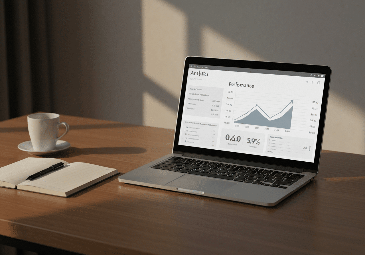 Analytics dashboard showing quality metrics and performance trends on laptop screen in bright workspace