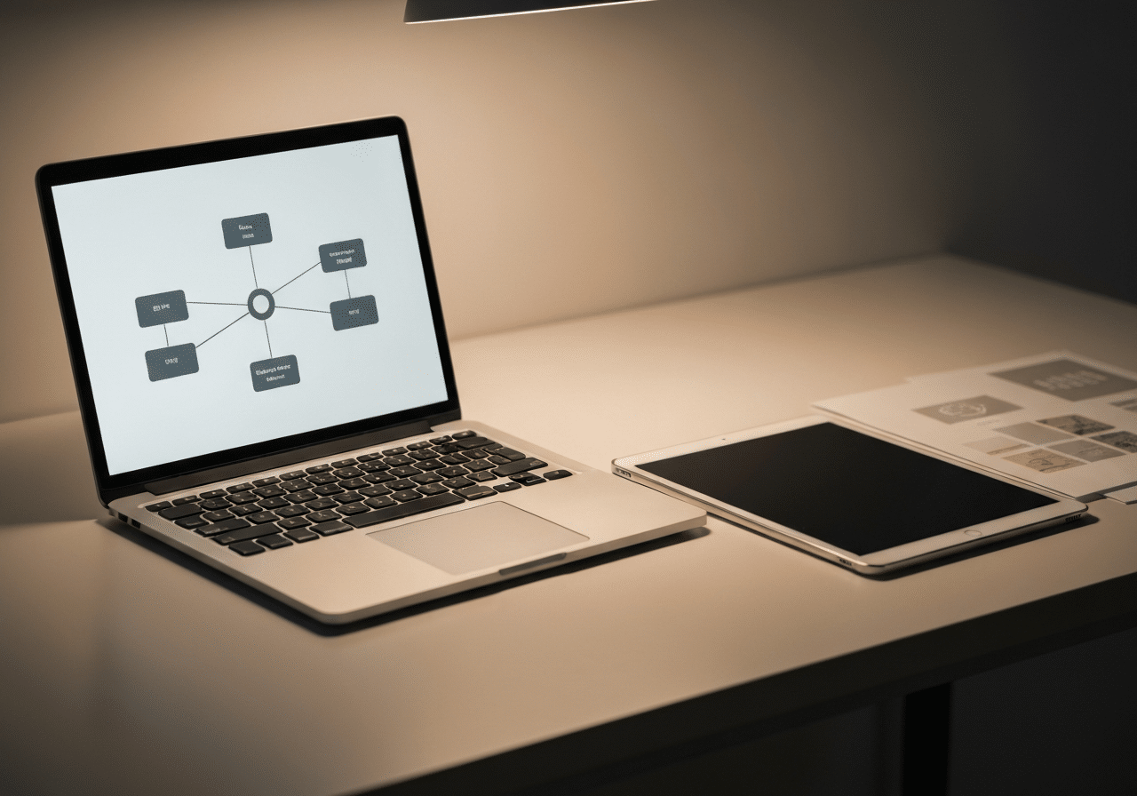 Laptop displaying site structure and connected elements with design materials on organized desk