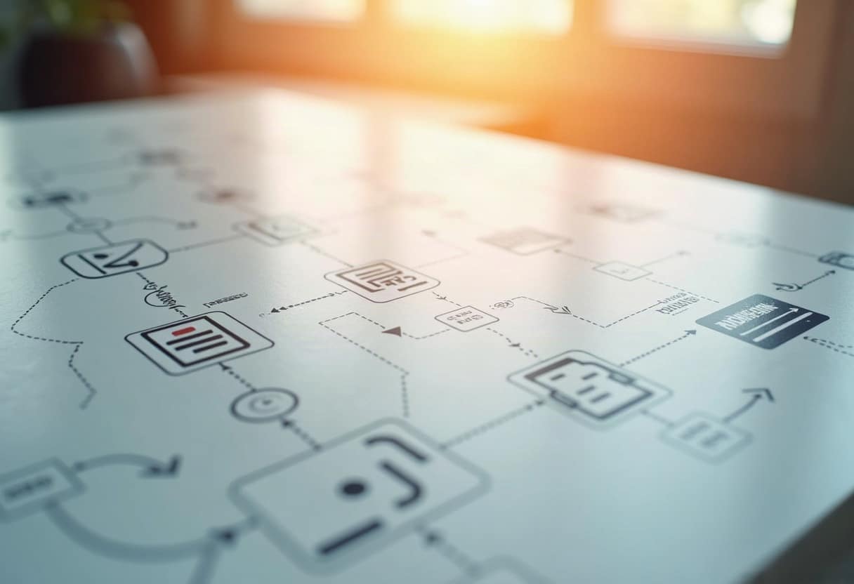 Overhead view of interconnected content nodes and user journey paths in warm lighting