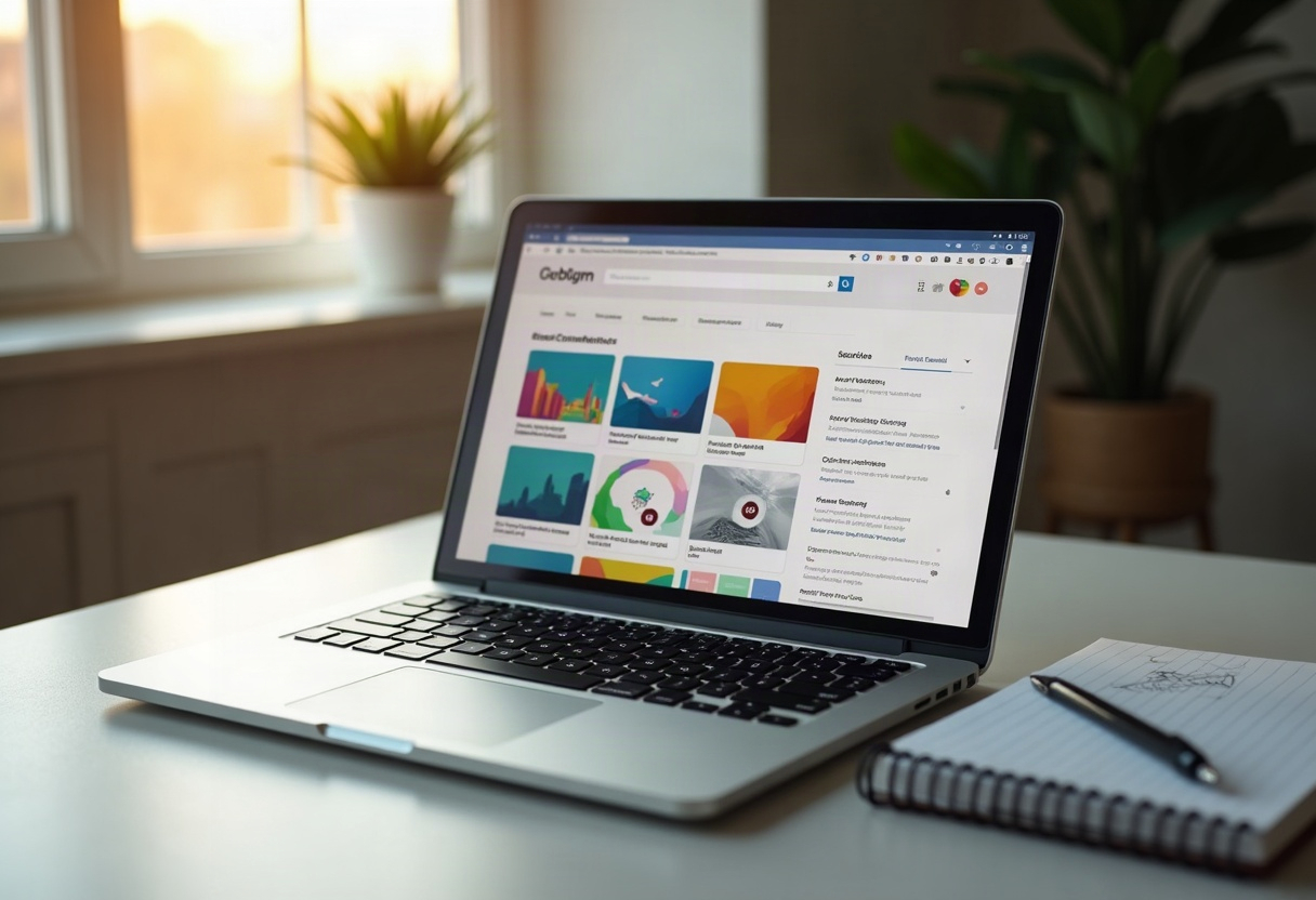 Espace de travail moderne avec laptop affichant une interface de recherche, documents professionnels et éclairage chaleureux.