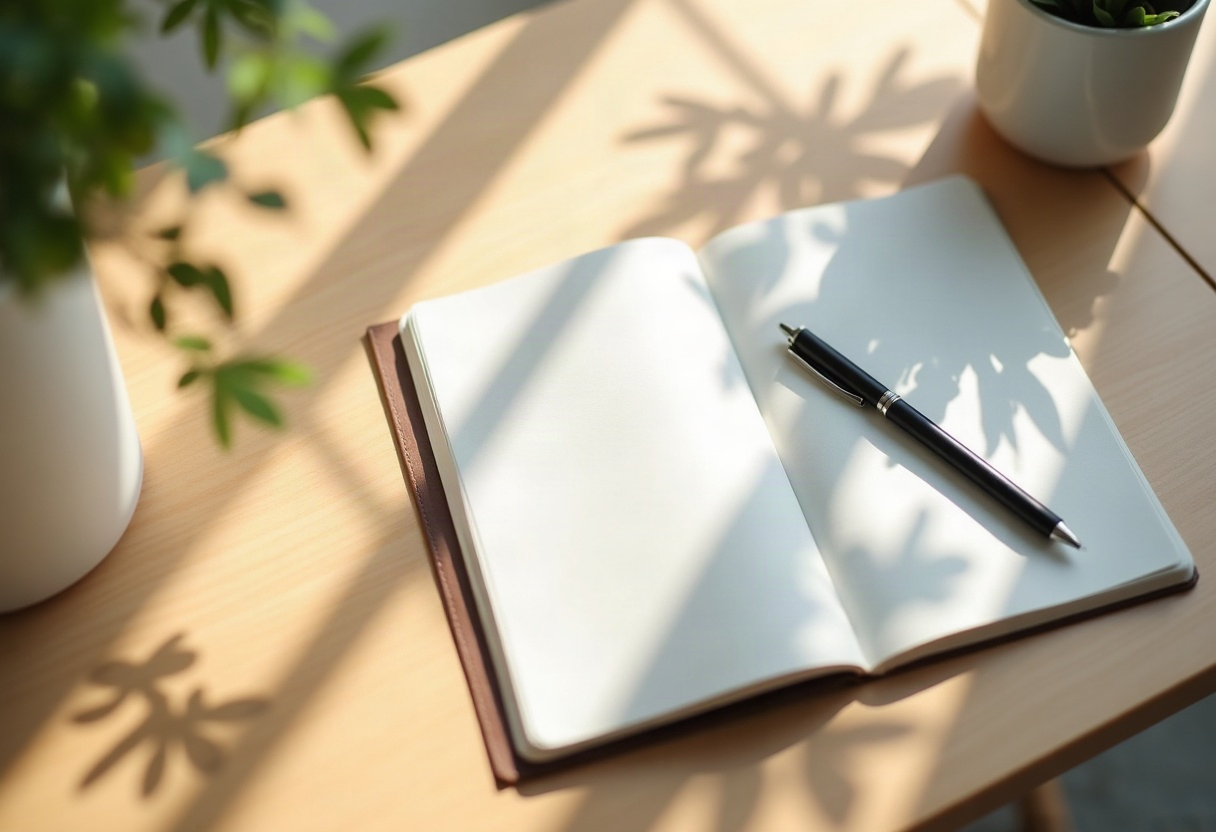 Espace de travail épuré vue de dessus avec carnet ouvert et stylo, lumière naturelle chaleureuse créant des ombres douces