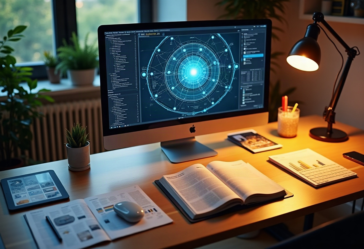 Context engineering vs prompt engineering : pourquoi ce que Google annonce en 2026 redéfinit ce qui rend un contenu utile pour les IA 2 Poste de travail montrant les connexions contextuelles et la mise en relation des sources d'information pour le contenu