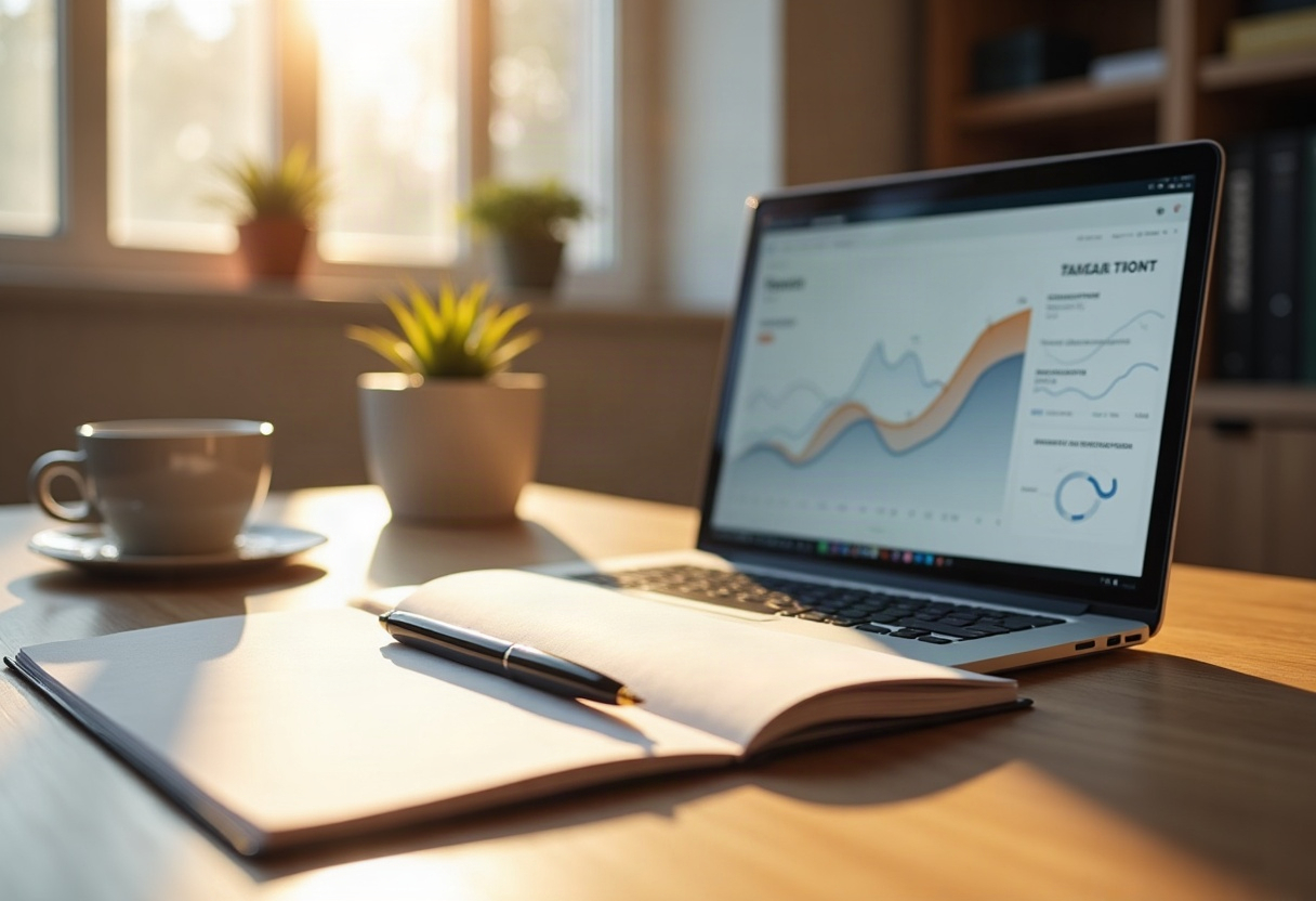 Stratégie de contenu pour une activité saisonnière : construire une autorité thématique qui tient toute l'année 1 Bureau moderne bien éclairé avec tableau de bord analytique montrant des courbes de tendance saisonnières sur laptop.