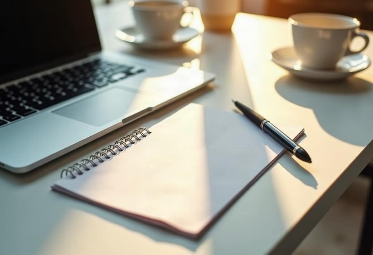 Espace de travail épuré avec ordinateur portable et documents, lumière naturelle chaleureuse suggérant une curation de contenu réfléchie.